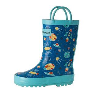 Oaki Toddlers 5T Rain Boots Space Print Easy-On Handles Navy/Light Blue Rubber